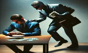 صورة لشخص يأخذ شيئًا قيّمًا بشكل غير قانوني، تعبّر عن خيانة الأمانة."