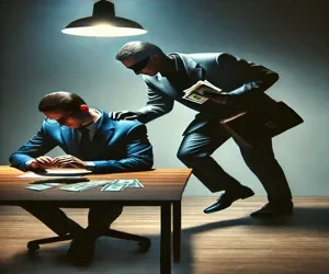 صورة لشخص يأخذ شيئًا قيّمًا بشكل غير قانوني، تعبّر عن خيانة الأمانة."